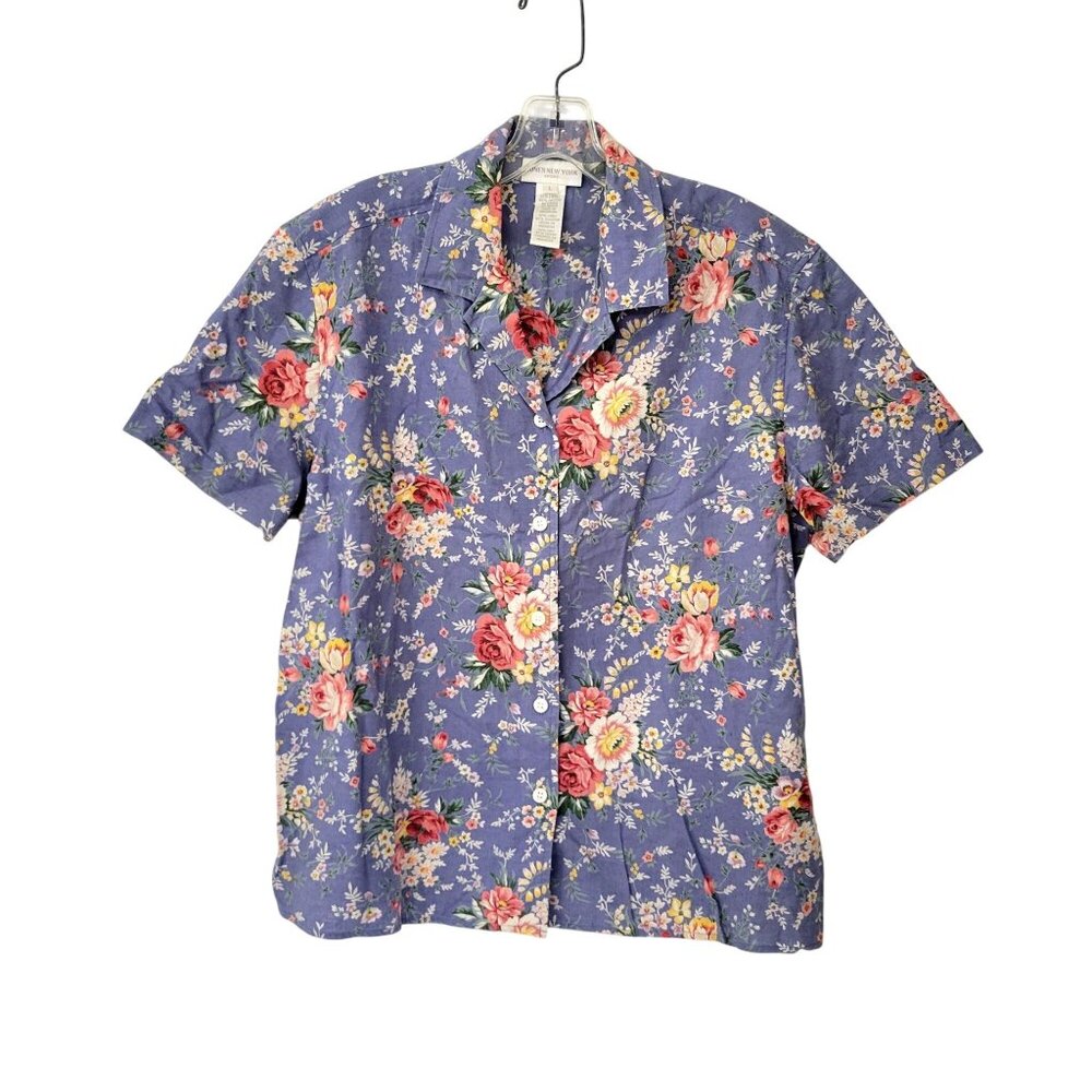 Jones New York Sport Women's Linen Blend Floral Button-Up Shirt Large